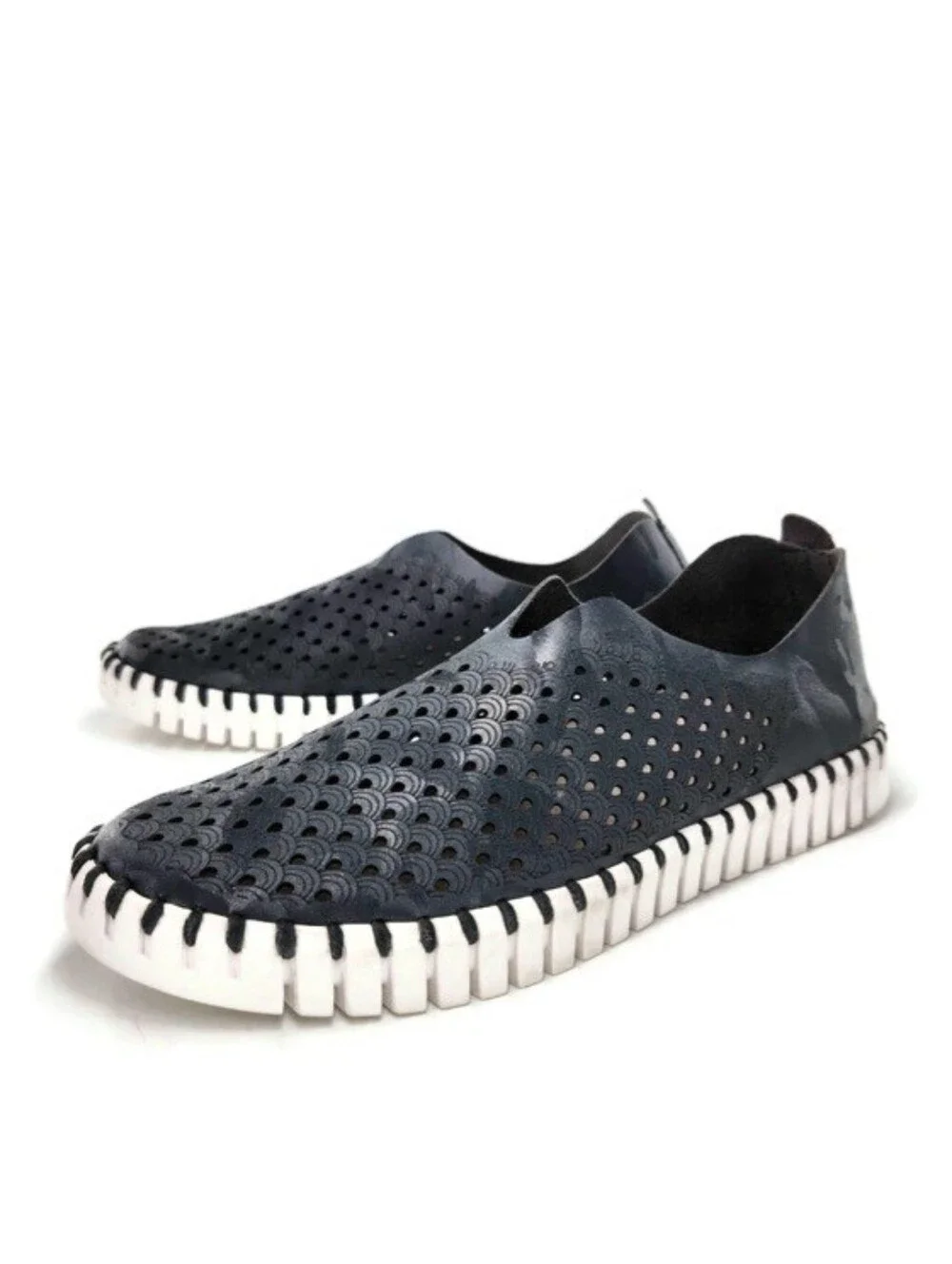 Ilse Jacobsen Tulip Navy Blue Camo Laser Cut Mircofiber Slip-On Loafer Flats